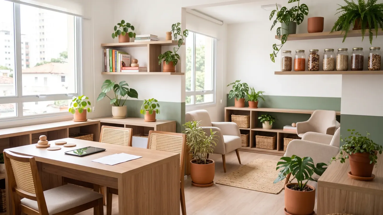 Ambiente do consultório de nutrição no Batel, com mesa de atendimento e plantas