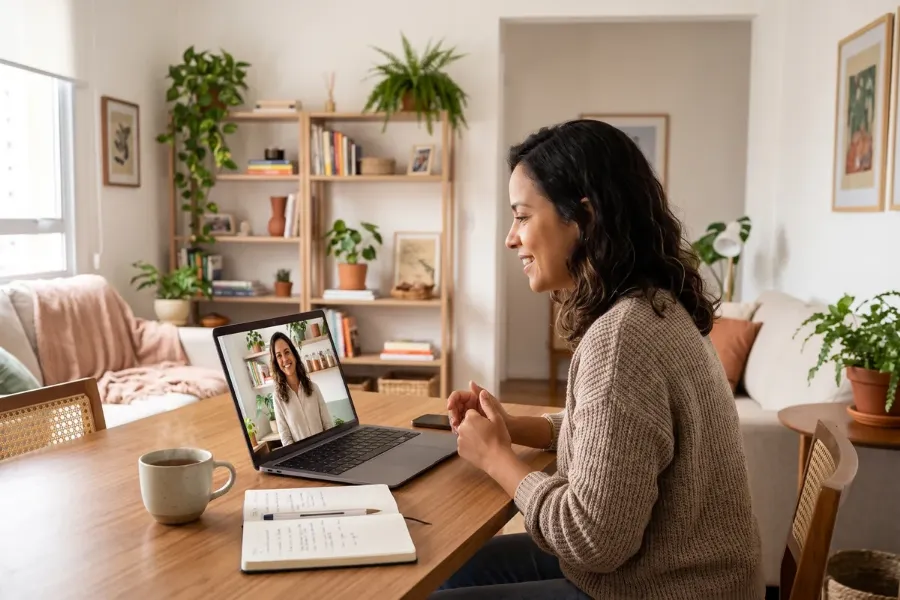 Paciente em consulta de nutrição por videochamada no notebook