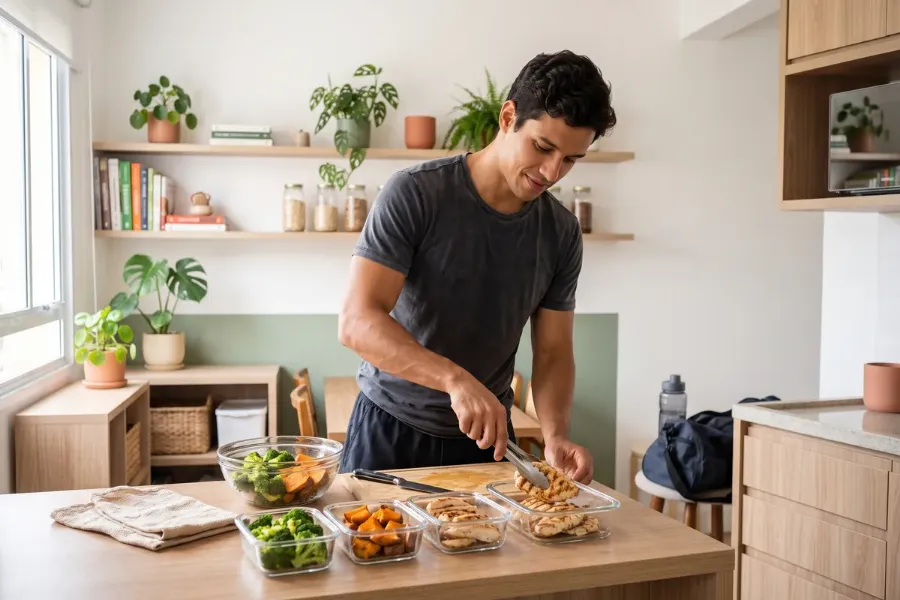 Praticante de atividade física preparando marmitas equilibradas na cozinha