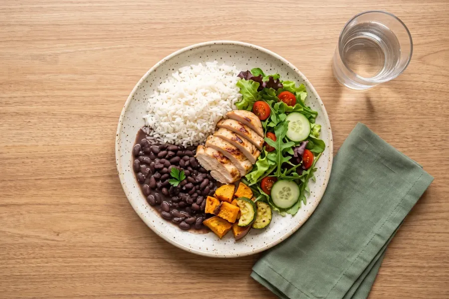 Prato colorido e equilibrado com arroz, feijão, frango grelhado e salada